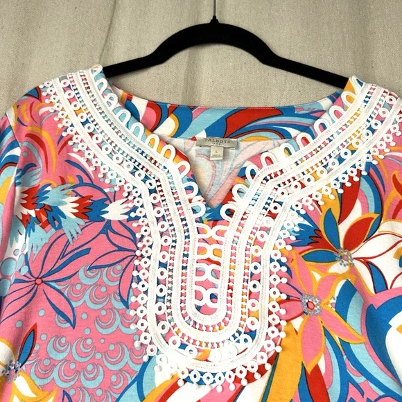 TALBOTS | Women's Large Tunic Top Multicolor Lace Preppy 3/4 Sleeve Boho Beach - Picture 2 of 8